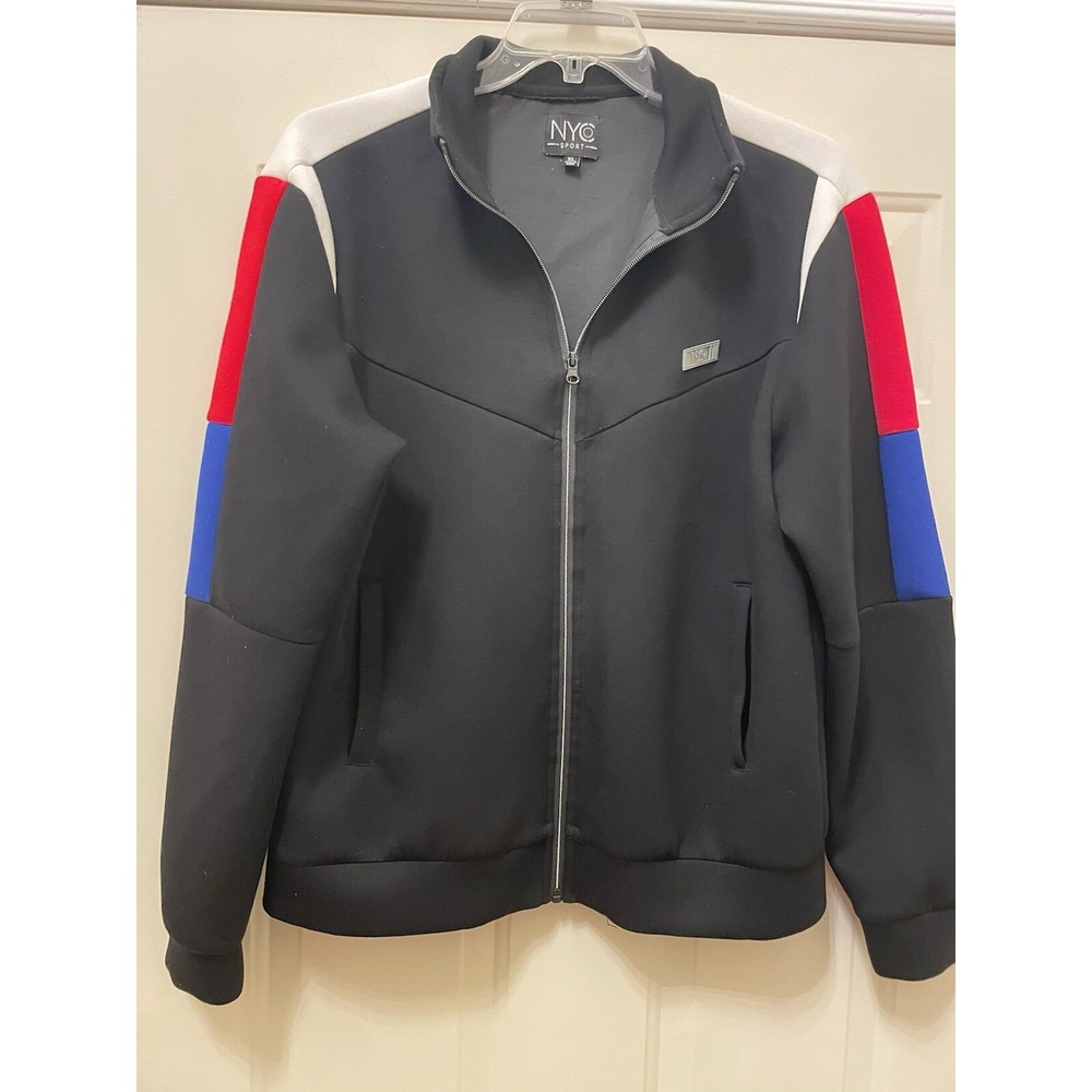 NYC Jacket Mens Black Fullzip Size XL Red White Blue Fall Coat Sports Polyester